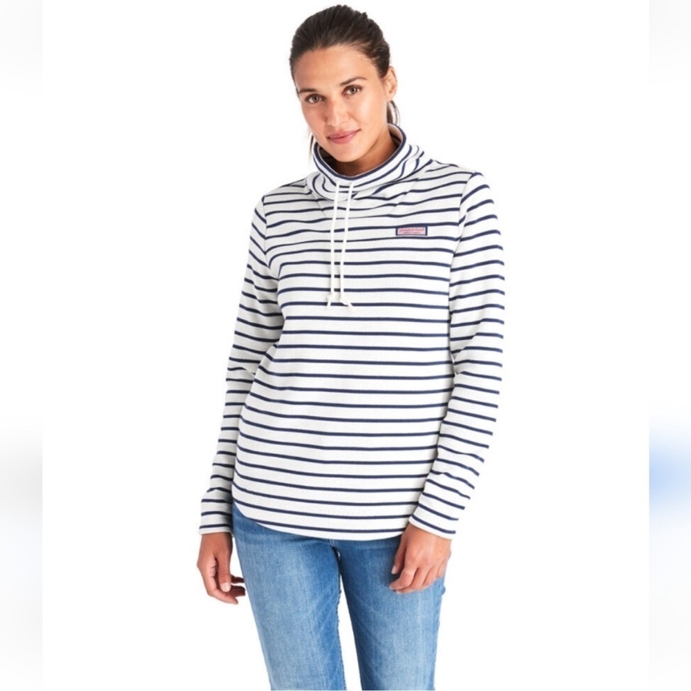 Stripe Sweater Fleece Relaxed Funnel Neck Shep Shirt large